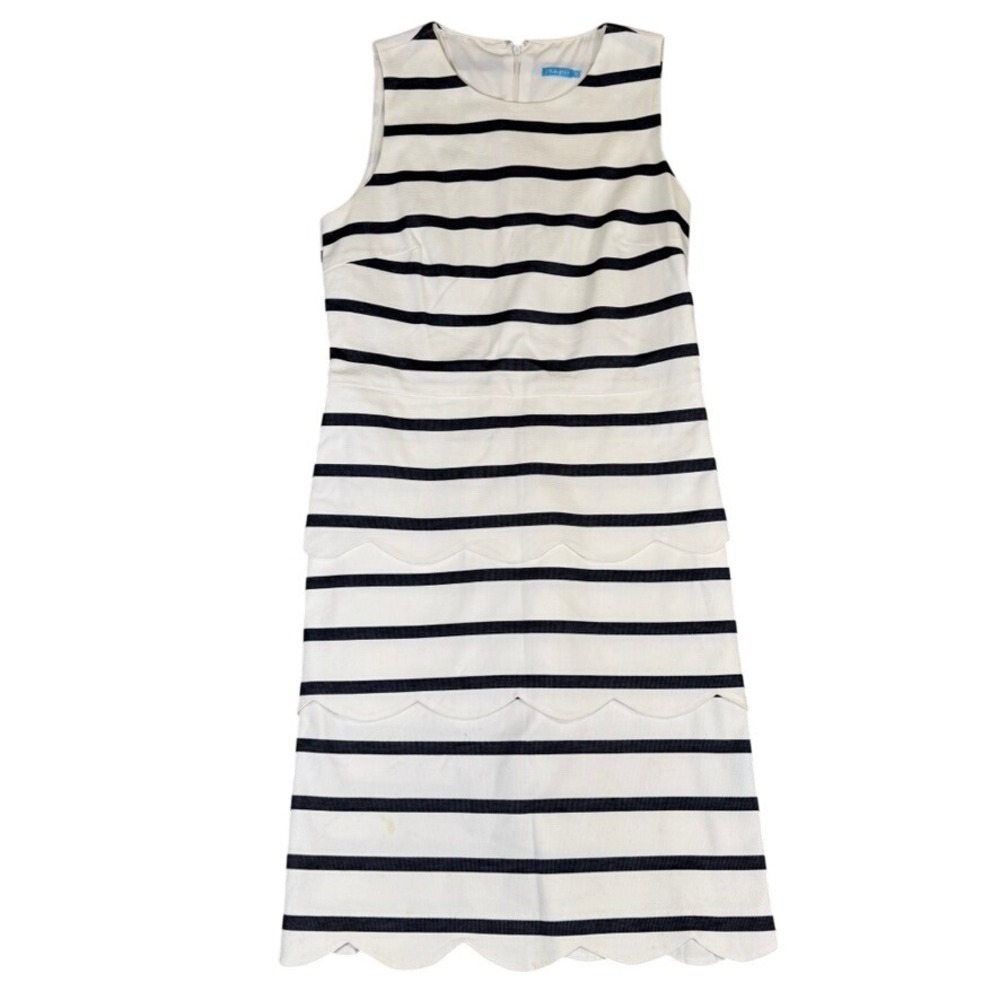 J.McLaughlin Scalloped Tiered Stripe Pique Shift Dress Navy White Size 10